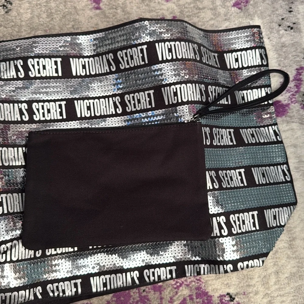 Victoria's Secret Tote Bag 2 Piece Set Black With Silver Sequins Rare